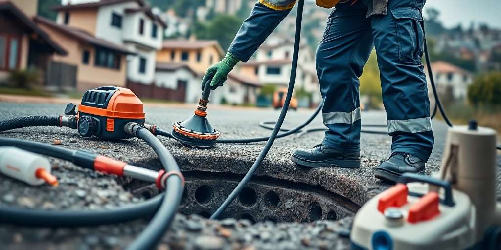 Operario realizando destape de alcantarillado en zona residencial de Las Condes con equipo de alta presión