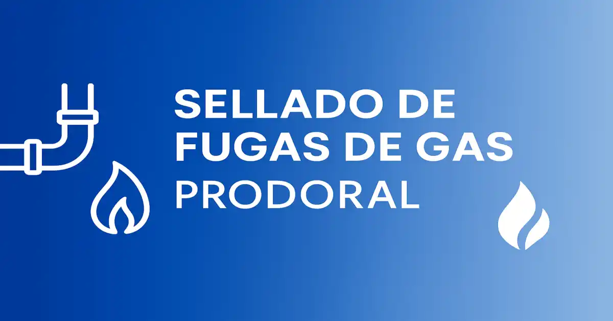 Banner gráfico con iconos de tuberías y texto 'Sellado de fugas de gas – Prodoral'